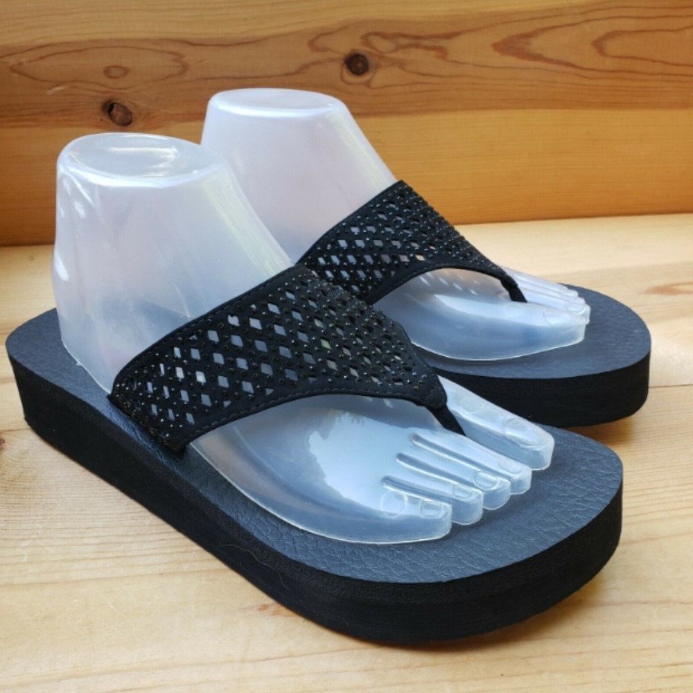 Skechers 9 Yoga Foam Flip Flop Wedge Rhinestone - Picture 2 of 7